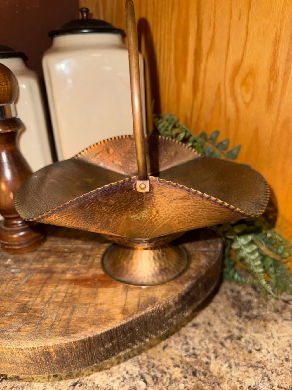 Hand-Hammered Copper Decorative Basket with Handle - Rustic Copper